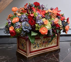 Large Decorative Faux Floral Centerpiece In Hand-Painted Tole Cachepot