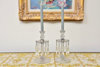 Pair Of Crystal Prism Lustre Candlesticks With Hanging Crystal Drops