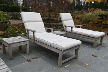 Pair Of Teak Outdoor Chaise Lounge Chairs With Cushions And Two Tables
