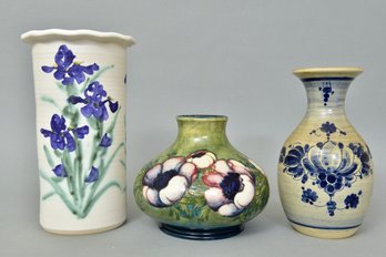 Moorcraft  Anemone Vase, Signed Iris Vase And Signed Stoneware Vase