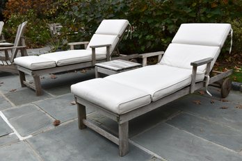 Pair Of Teak Outdoor Chaise Lounge Chairs With Cushions And Table
