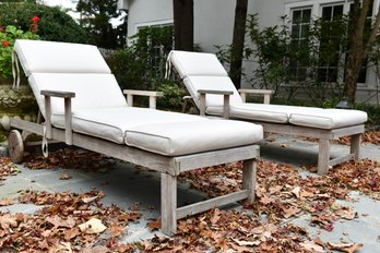 Pair Of Teak Outdoor Chaise Lounge Chairs With Cushions And Outdoor Classics Teak Table