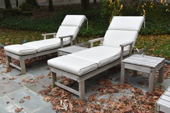 Pair Of Teak Outdoor Chaise Lounge Chairs  With Cushions And Two Tables