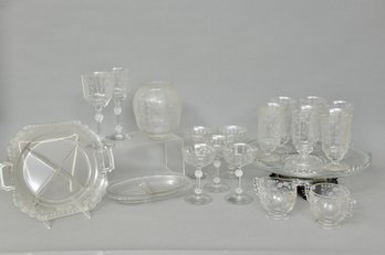 Collection Of Antique Etched Glass Platters, Glasses, Sugar And Creamer Set