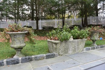 Pair Of Cast Stone Garden Urn Planters With Leaf Relief On Pedestal Bases