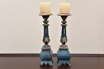Pair Of Painted Wood Candlesticks With Parcel-Gilt Decoration