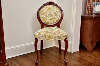 Victorian Balloon-Back Carved Wood Parlor Chair With Damask Upholstery