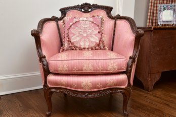 Carved Rococo Revival Style Wingback Armchair In Pink Damask Upholstery