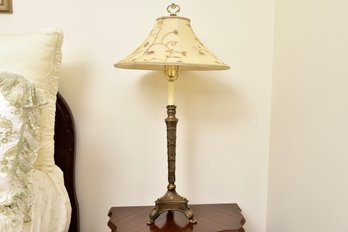 Ornate Brass Table Lamp With Embroidered Shade