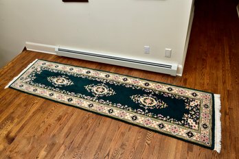 Green Floral Wool Aubusson-Style Hall Runner Rug