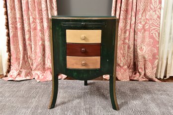 Contemporary Three Drawer Triangle Shaped End Table With Slide Out Tray And Glass Top