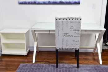 Crate & Barrel X-Form Three Drawer Desk With Glass Top, Bookcase On Casters, Paris Script Desk Chair