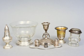 Vintage Sterling Silver Crystal Tableware Assortment – Salt & Pepper Shakers, Candleholder, Toothpick Holder