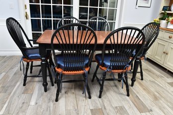 Canadel Wood Kitchen Table With One Leaf And Six Matching Chairs With Cushions