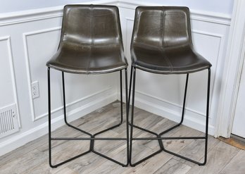 Pair Of West Elm Distressed Leather Counter Stools