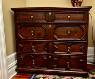 Antique 19th Century English Jacobean Oak Chest Of Drawers Commode Cabinet With Brass Hardware