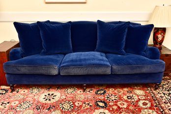 Williams-Sonoma Striking Royal Blue Three Cushion Velvet Sofa With Four Matching Throw Pillows