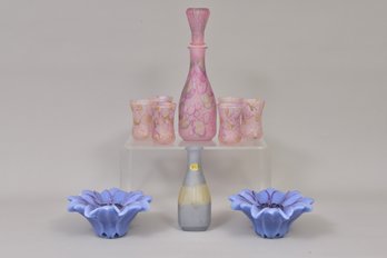 Set Of Six Vintage Jerusalem Satin Glasses With Matching Decanter, Al-Rama Vase, And Pair Of Wax Candles