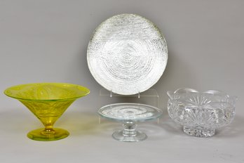 Pairpoint Compote, William Sonoma Pedestal Cake Stand, Crystal Bowl, And Decorative Plate