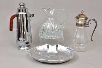 Vintage Wilton Armetale Scallop Shell Serving Dish, Crystal Pitcher, Glass Pitcher, And Coffee Pot
