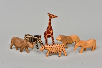Set Of Six Hand Carved Wood Animal Figurines
