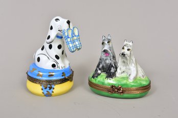 Limoges Porcelain Painted Terrier Dogs And Dalmatian Spaniel Spotted Dog Trinket Boxes