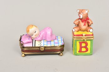 Limoges Baby In Pink Bed And Teddy Bear On ABC Block Porcelain Trinket Boxes