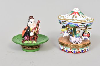 Limoges Porcelain Carousel Kiddie Ride And Ladybug Playing Her Cello Porcelain Trinket Box