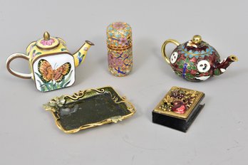 Collect Of Three Enamel Trinket Boxes, Miniature Tray, And Matchbook Holder