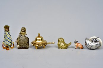 Collection Of Five Miniature Decorative Items And Sterling Silver Cat Pin