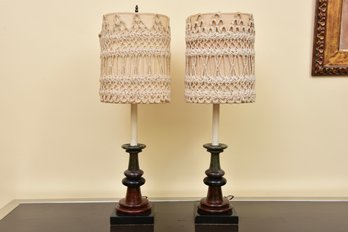 Pair Of Table Lamps With Crocheted Lampshades
