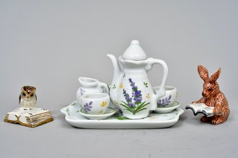 Miniature Tea Set With Tray, Pair Of Owl And Rabbit Figurines Reading Books