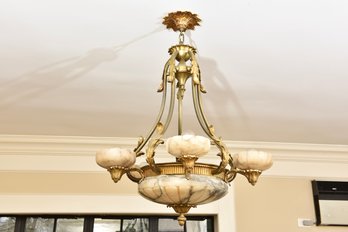 French Art Deco Gilt Bronze Carved Veined Alabaster Six Light Chandelier (RETAIL $6,000)