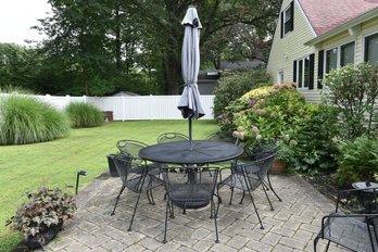 Woodard Outdoor Dining Set With Seven Stackable Barrel Back Chairs And Umbrella With Stand