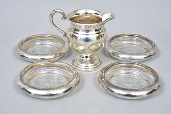 Crown Sterling Weighted Creamer And Set Of Four Leonard Silver-plate Rimmed Coasters