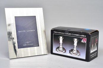NEW! Ralph Lauren 5x7 Silver-plate Photo Frame And Set Of Two Single Light Candelabra