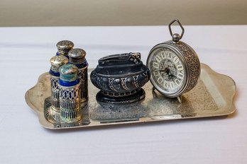 Collectable F.B. Rogers Silver Plate Tray & Spice Shakers, Ronson Crown Table Lighter & German Filigree Clock