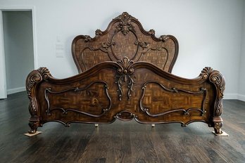 EXCEPTIONAL Baroque Style Solid Mahogany King Bed With Inlay Parquet Pattern