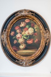 Victorian Style Oval Rose Bouquet Still Life Reproduction After Original Work By J.B. Benson, 19th C.