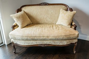French Louis XV Cream Velour Jacquard Settee With Carved Mahogany Frame And Floral Swag Accents