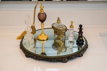 Vintage French Victorian Inspired Mirrored Ormolu Vanity Tray With Beautiful Atomizer & Perfume Bottles