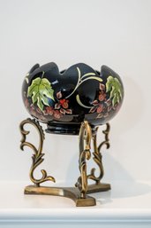 Signed Fenton Art Glass Bowl By Susan Bryan 2004 Hand-painted With Decorative Brushed Brass Stand
