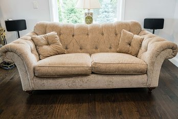 Ethan Allen Middlebury Cozy Oatmeal Chenille Roll Arm Sofa With Tufted Backrest & Tapered Bun Feet