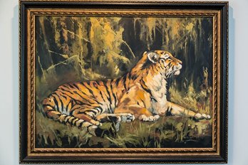 Signed Reproduction Oil Painting Of Wild East Asia Tiger With Carved Black & Gold Frame