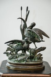 Art Nouveau Inspired Patinated Bronze Sculpture Of Marsh Or Shore Birds With Reeds