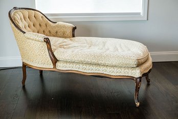 Vintage French Louis XV Buttery Raised Pattern Barrel Back Chaise With Carved Mahogany Trim