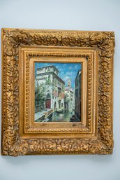 Lovely Venetian Canal Inspired Oil Paintings 20th C. Era With Ornate Carved Gilt Frame