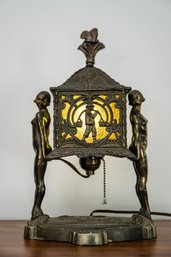 Lovely Vintage Art Deco Style Spelter Or Bronze Lantern Box Lamp With Figural Nudes And Butterfly Finial