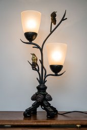 Gorgeous Arts & Crafts Inspired Branch Art Lamp With Glass Hurricane Shades, Pinecone And Finch Accents