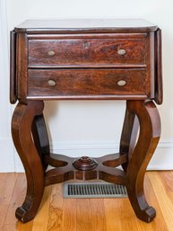 Rococo Revival Inspired Vintage Drop Leaf Sewing Table With Mahogany Finish